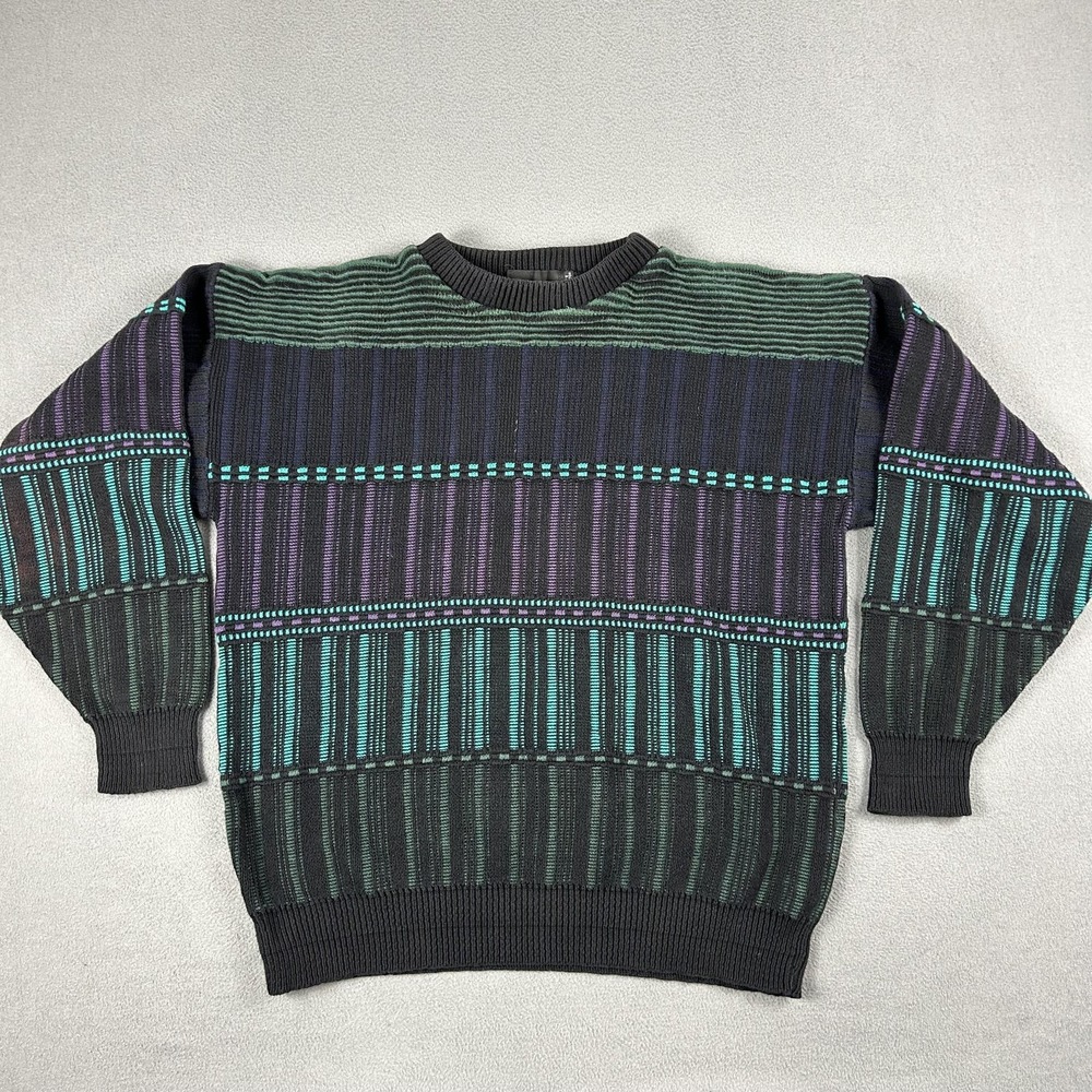 Vintage Tony Lambert Sweater Mens Medium Black Geometric Knit Made USA 90s‎